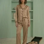 Beige Long Sleeve Satin Pajama Set