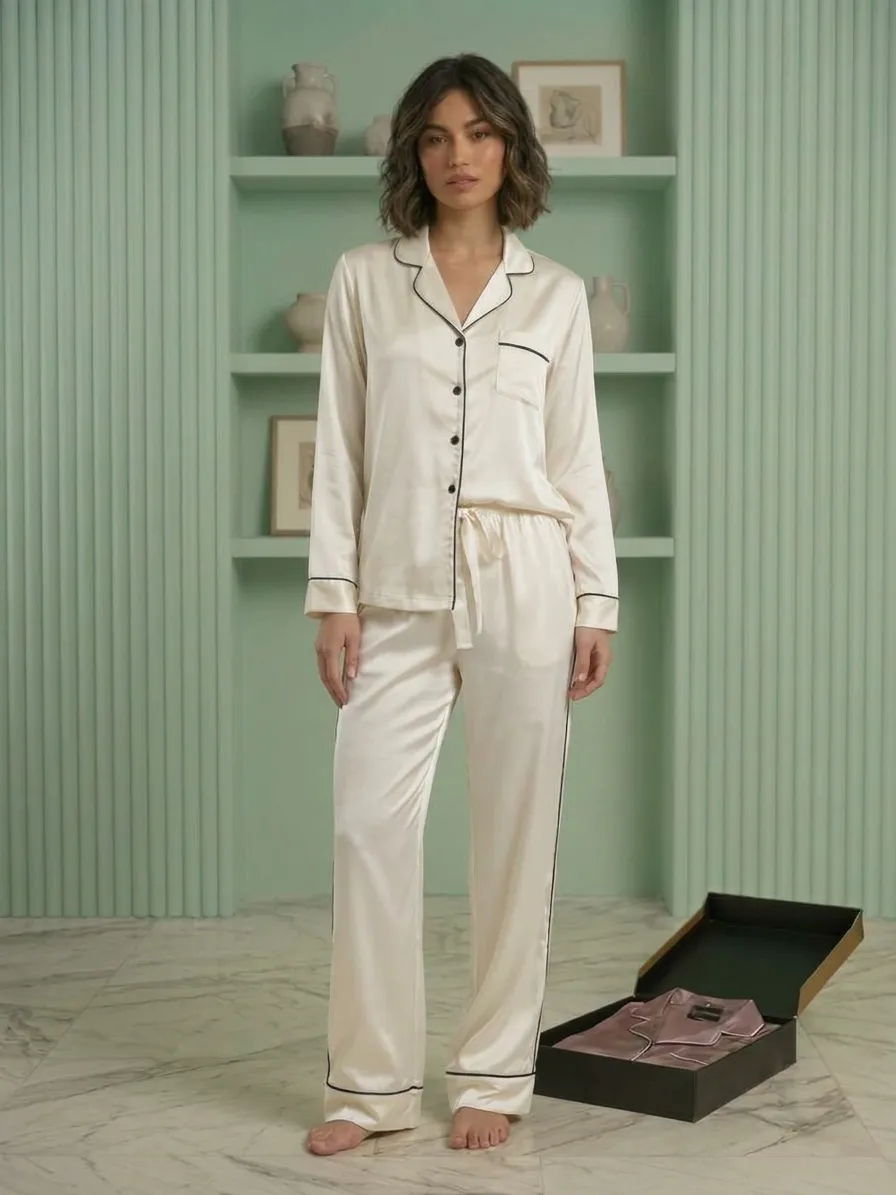 Off-White-Long-Sleeve-Satin-Pajama-Set Off-White Long Sleeve Satin Pajama Set - Image 1